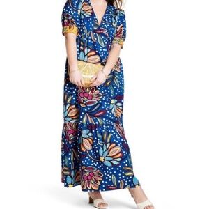 Tabitha Brown Blue Floral V-Neck Maxi Dress with Multicolor Blooms size 8